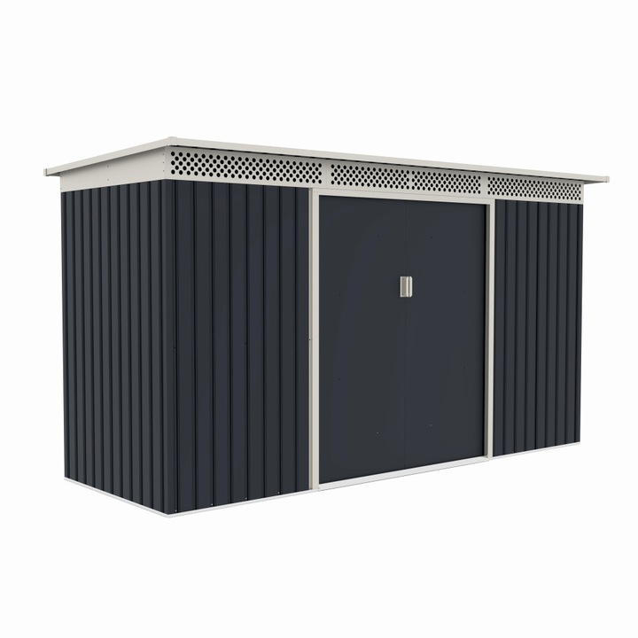 Casuta de gradina MESTERINO Bella-C, metalica, gri/bej, 343x142x184 cm, cu usi culisante, baza metalica