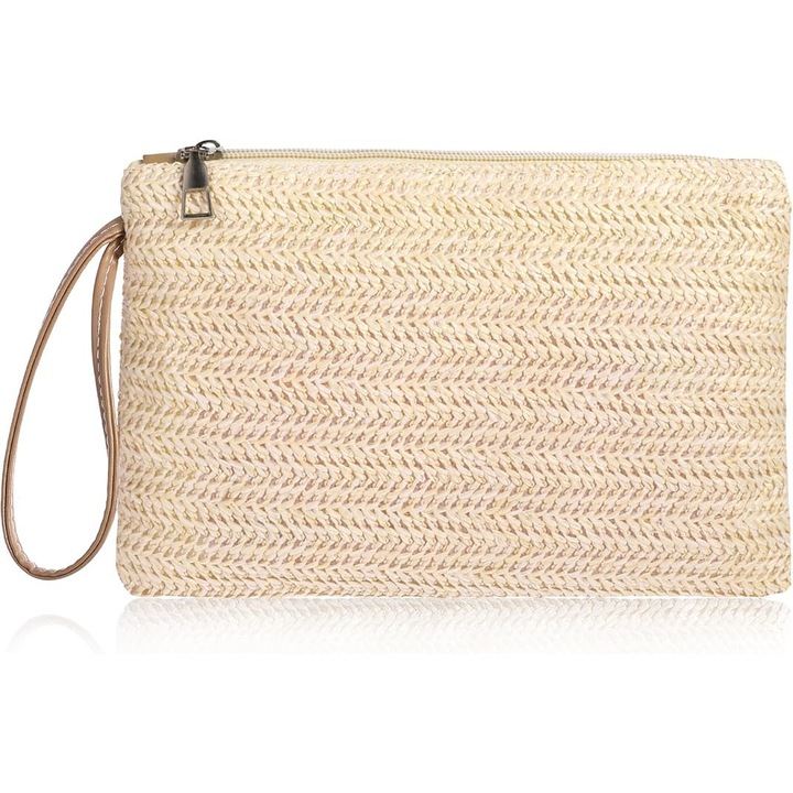 Geanta de paie pentru femei, stil boho, crem, cu fermoar, ideala pentru vara si plaja