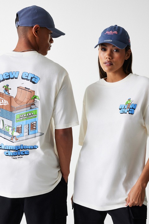 New Era, Tricou unisex cu decolteu la baza gatului si model grafic pe spate, Maro/Alb murdar/Albastru, XS