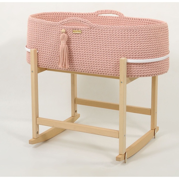 Landou cu suport pentru bebelusi, My Sweet Baby, stil boho, handmade, roz pastel, 75x35x25cm, include saltea antibacteriana