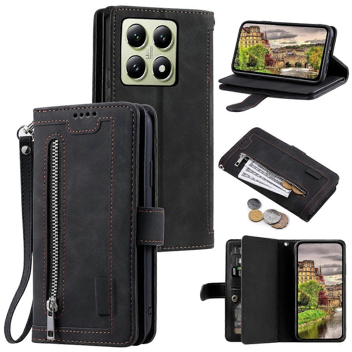 Husa telefon pentru Xiaomi 14T Pro, piele PU, 9 sloturi pentru carduri, culoare maro, cu suport pentru maini