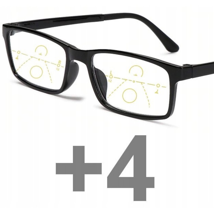 Ochelari multifocali 0 Langa, hipermetropie +4.00, plastic, negru