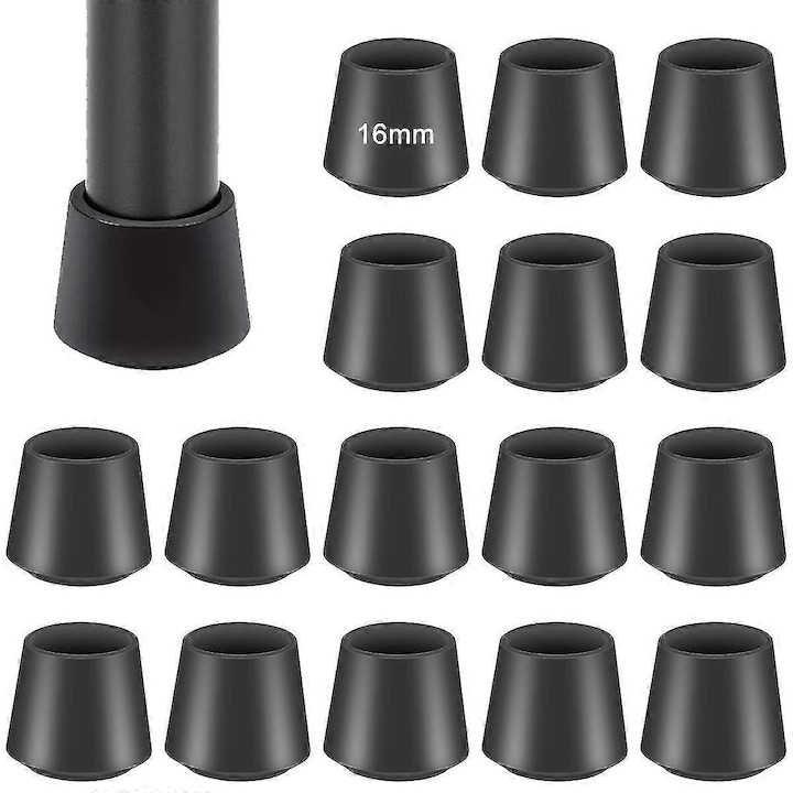 Set 16 capace din cauciuc antiderapante pentru picioare de mobilier, 16mm, negru