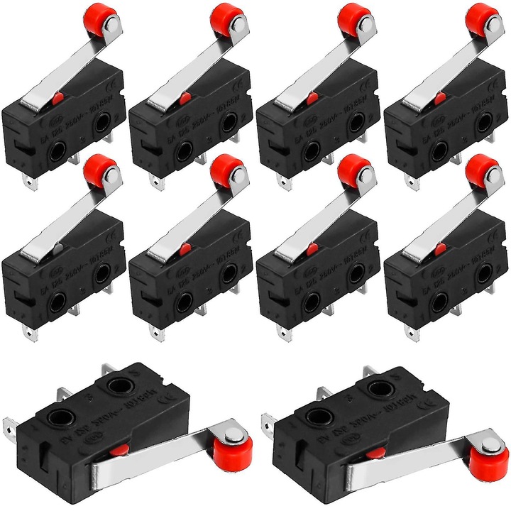 Set 10 bucati Mini Micro Switch, 3 pini, 5A 250V, actionare cu brat rulant, dimensiuni 20x10x7mm
