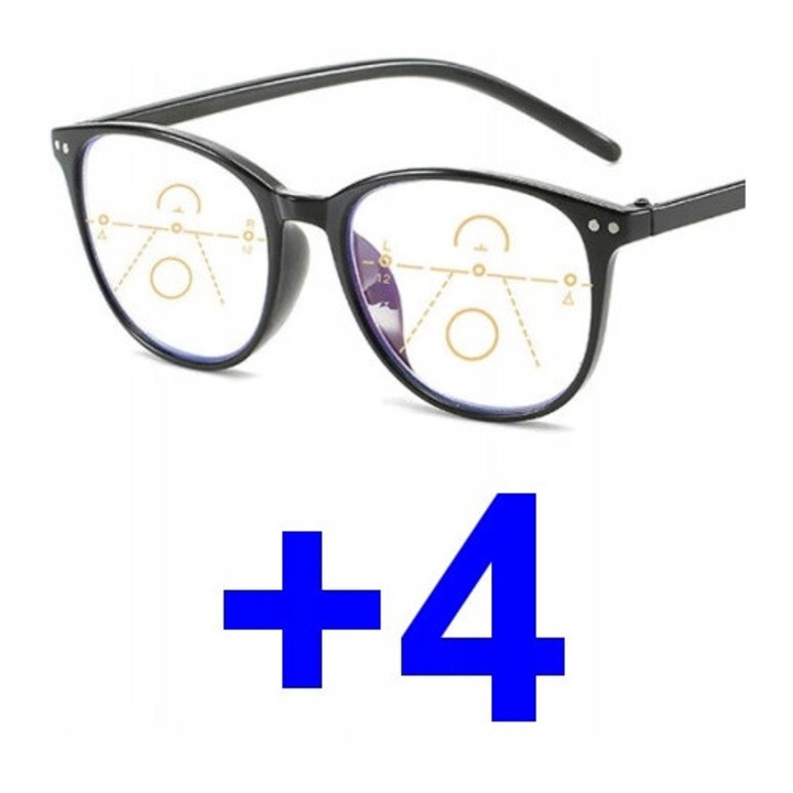 Ochelari de lectură multifocali progresivi, plastic, hipermetropie +4.00, negru, pentru femei