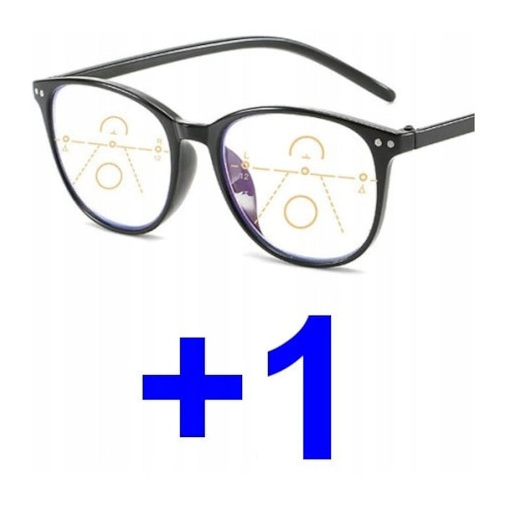 Ochelari de lectură multifocali progresivi, negru, plastic, +1.00