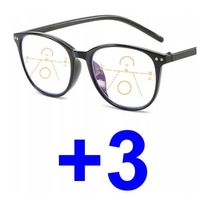 Ochelari de lectură multifocali progresivi, plastic, negru, +3.00, pentru femei