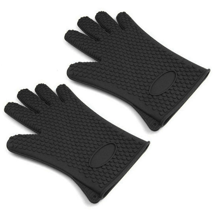 Hőálló szilikon konyhai kesztyű, 2 db-os készlet, fekete, 27x18x14.5cm