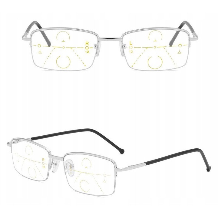 Ochelari progresivi multifocali, rame metalice argintii, protectie calculator, +0.00
