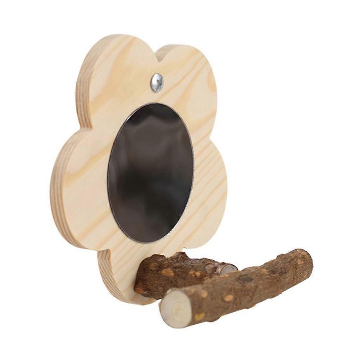 Suport pentru pasari cu oglinda, set din lemn natural, 12x8x15cm