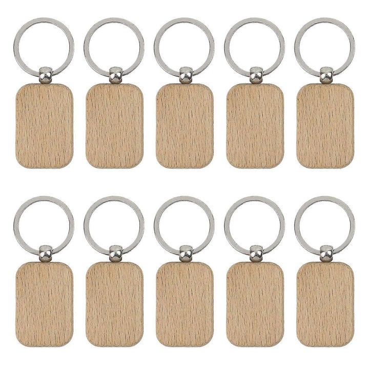 Készlet 10 db befejezetlen fa kulcstartó fém gyűrűvel, 45x32mm, fa szín
