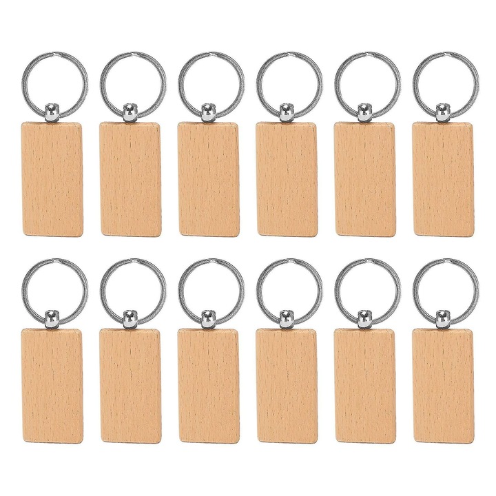 12 darabos kulcstartó készlet, fa, téglalap alakú, 5.5x3.1cm, bézs