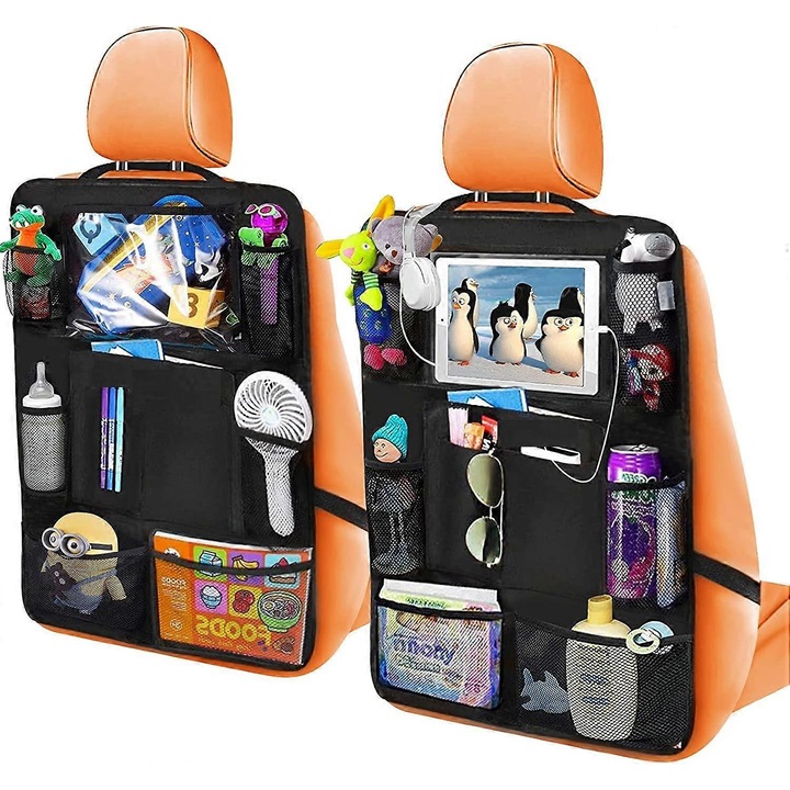 Autós rendszerező gyerekeknek, 2 darab, 20 zsebbel, átlátszó tablettartóval, vízálló, univerzális méret