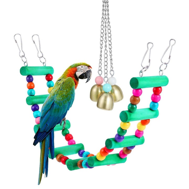 Set jucarii pentru pasari, scara, pod suspendat, clopot mare, dimensiune mica, materiale naturale