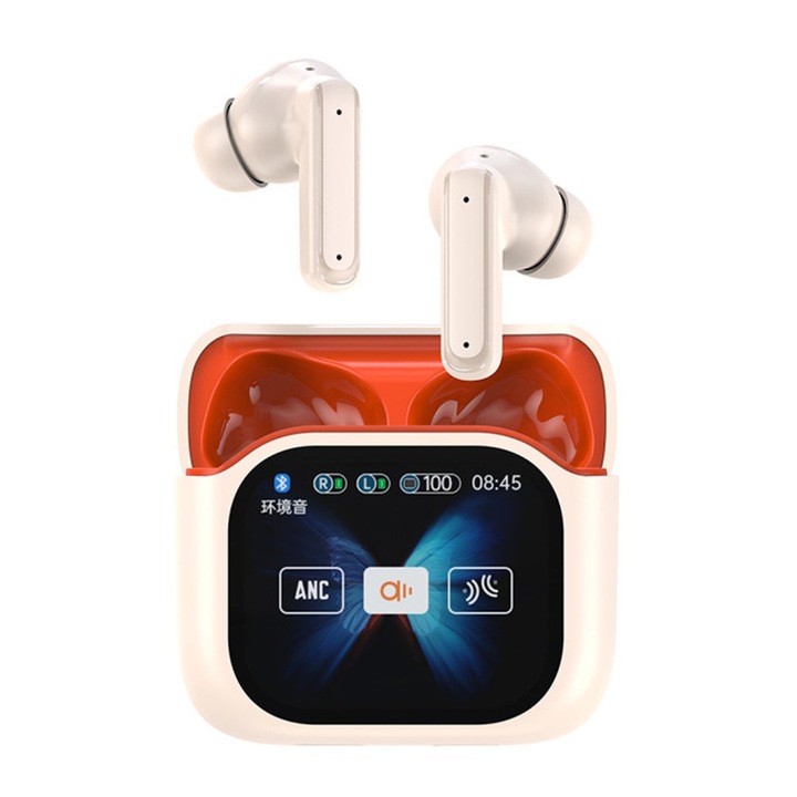 Vezeték nélküli fülhallgató, érintőképernyővel, ANC, Bluetooth 5.3, fehér/narancssárga, 2.01 hüvelyk