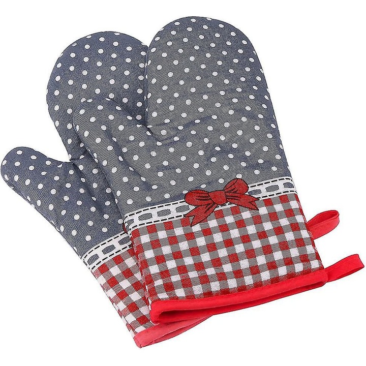 2 db bélelt, hőálló konyhai kesztyű készlet, szürke, piros, fehér, 27x14cm