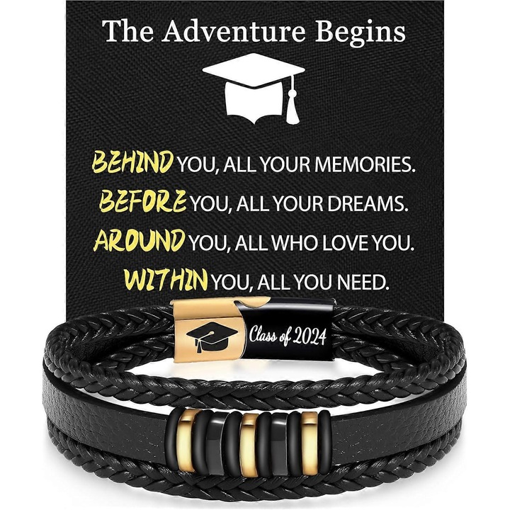 Bratara din piele pentru barbati, mesaj "Class of 2024", 8.5", cutie cadou, bijuterii barbati