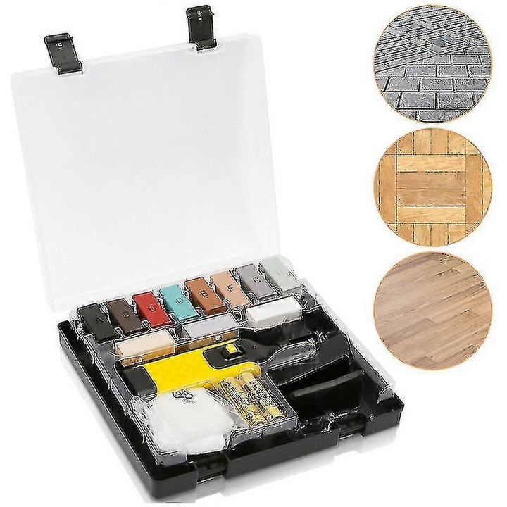 Kit de reparare ceara pentru pardoseli din lemn, 11 betisoare ceara, 1 incalzitor ceara, 1 racleta, 1 burete abraziv, 1 carpa de curatare, set complet