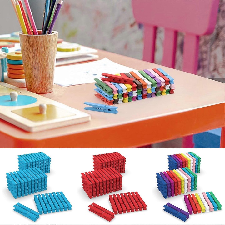 Set 50 clips de rufe din lemn, multicolor, 7.2x1x1.3cm