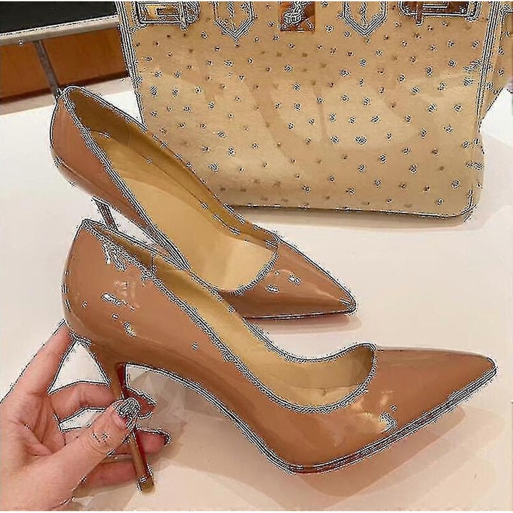 Pantofi dama, tocuri subtiri, piele lacuita, nude, pentru petrecere, stil clasic, toc 8 cm, 40 EU