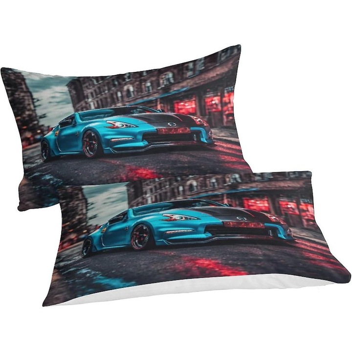 Set lenjerie de pat, 3 piese, 220x240cm, 2 fete de perna 48x75cm, microfibra, design cu fermoar, multicolor