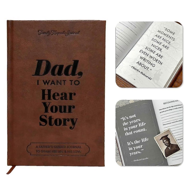 Agenda pentru tata, Dad, I Want to Hear Your Story, coperta tare, lettering cu folie, jurnal ghidat pentru tata.