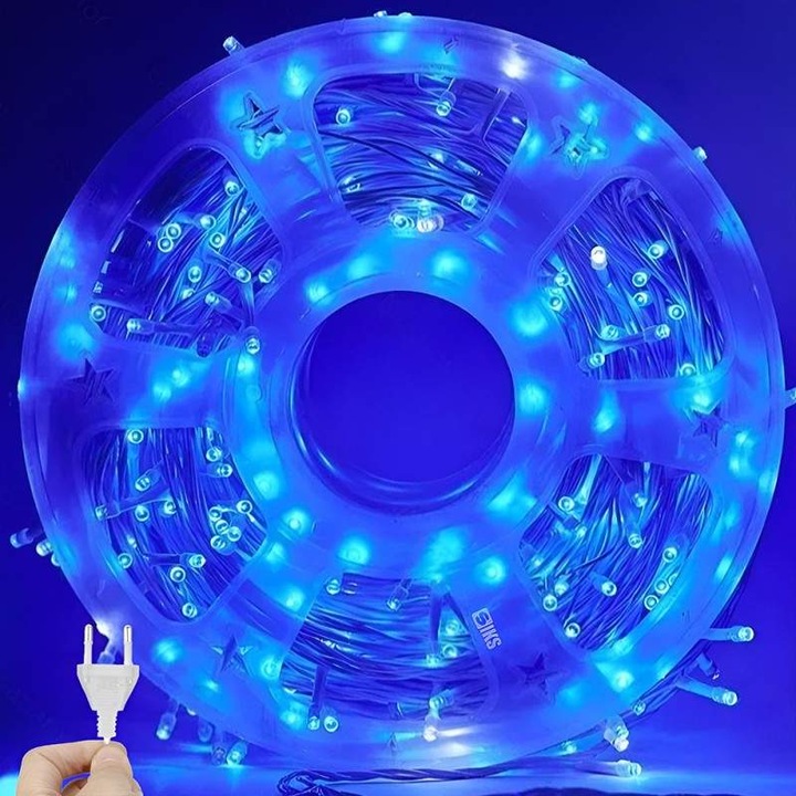 Instalatie De Craciun Led Tip Rola SIKS, Lungime 50 Metri, 400 Led-uri, Pentru Interior/Exterior, Pentru Casa / Gradina, 8 Moduri De Lumini, Fir Transparent, Alimentare Priza 220V/50Hz, LED, Rezistenta La Apa, Albastru