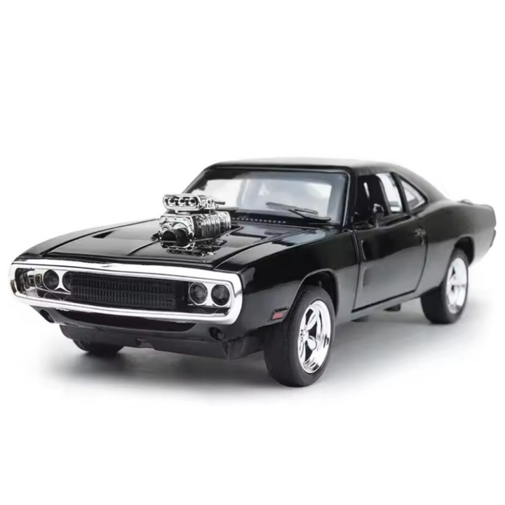 Masinuta 1970 Dodge Charger, negru, 16.5x5.7x4.4cm, usi deschise, sunet si lumina