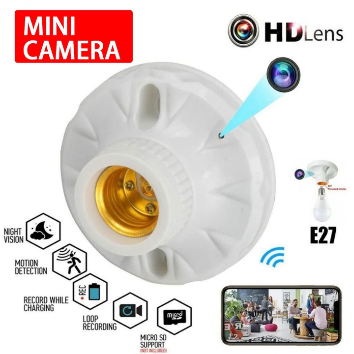Камера тип фасунга Zenitspy, скрита, 1080P, видеозапис, поддръжка на Micro SD до 128GB, диаметър 11.5cm x височина 5cm