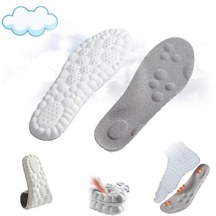 Insoles ortopedice 4D, suport pentru picioare, absorbtie socuri, gri, 45-46, set 1 pereche
