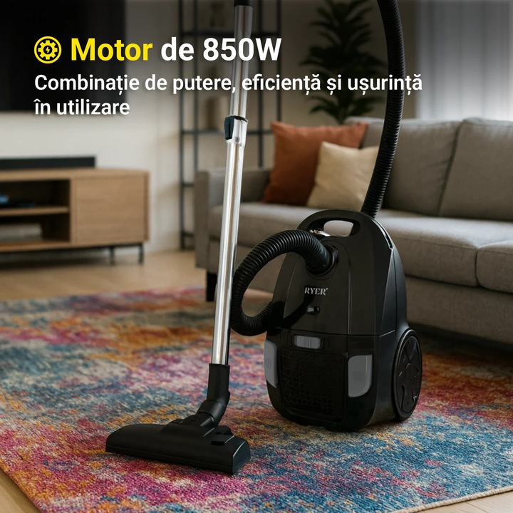 Aspirator RYER MotionPro – Motor puternic 850W - Recipient praf 3L - Cablu lung 9m - Filtru HEPA - Filtreaza 99.99% praf - Sac textile - Tub telescopic din metal - Include 3 accesorii, Negru