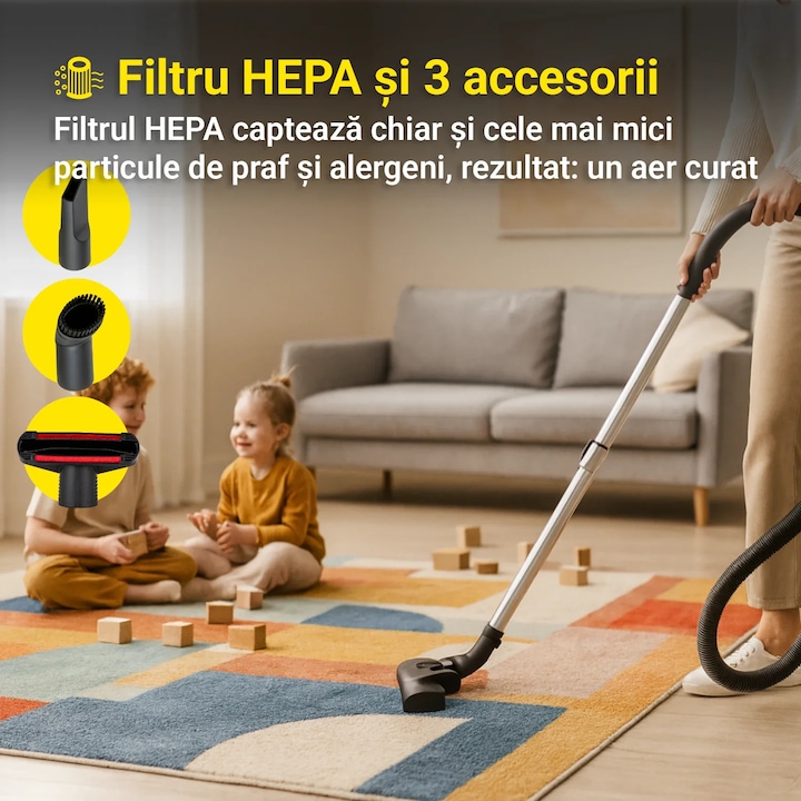 Aspirator RYER MotionPro – Motor puternic 850W - Recipient praf 3L - Cablu lung 9m - Filtru HEPA - Filtreaza 99.99% praf - Sac textile - Tub telescopic din metal - Include 3 accesorii, Negru