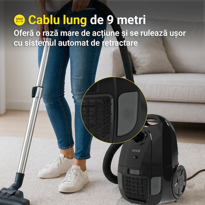 Aspirator RYER MotionPro – Motor puternic 850W - Recipient praf 3L - Cablu lung 9m - Filtru HEPA - Filtreaza 99.99% praf - Sac textile - Tub telescopic din metal - Include 3 accesorii, Negru