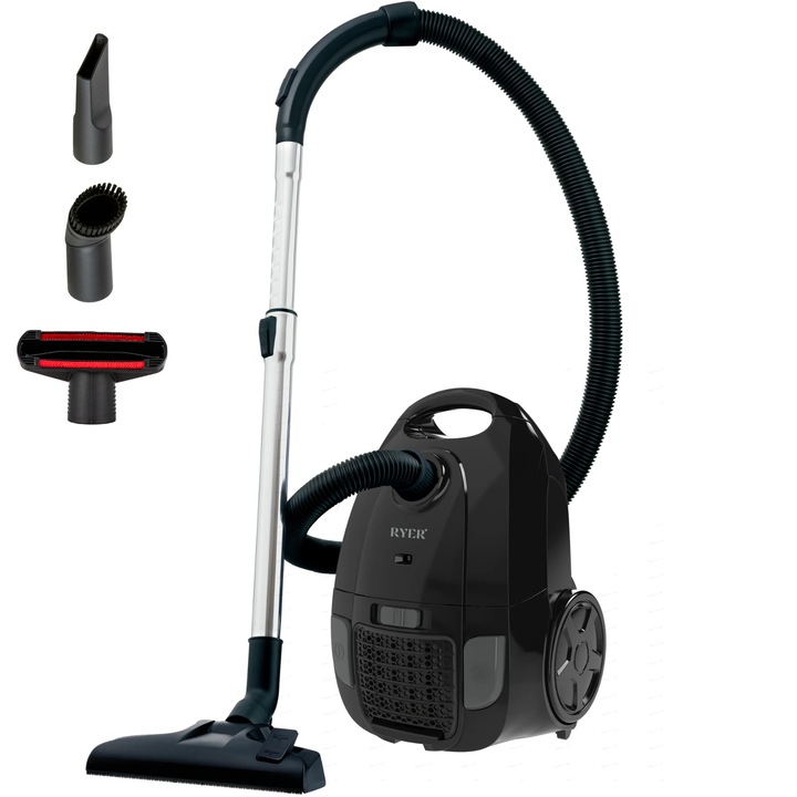 Aspirator RYER MotionPro – Motor puternic 850W - Recipient praf 3L - Cablu lung 9m - Filtru HEPA - Filtreaza 99.99% praf - Sac textile - Tub telescopic din metal - Include 3 accesorii, Negru