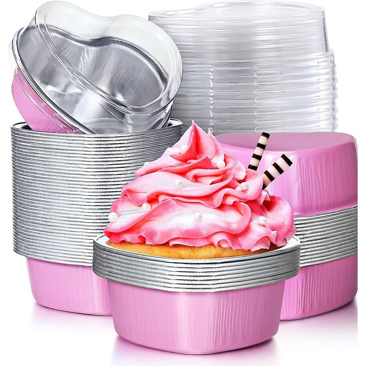 Set forme prajituri din folie de aluminiu cu capac, 100 ml, inima, 40 bucati