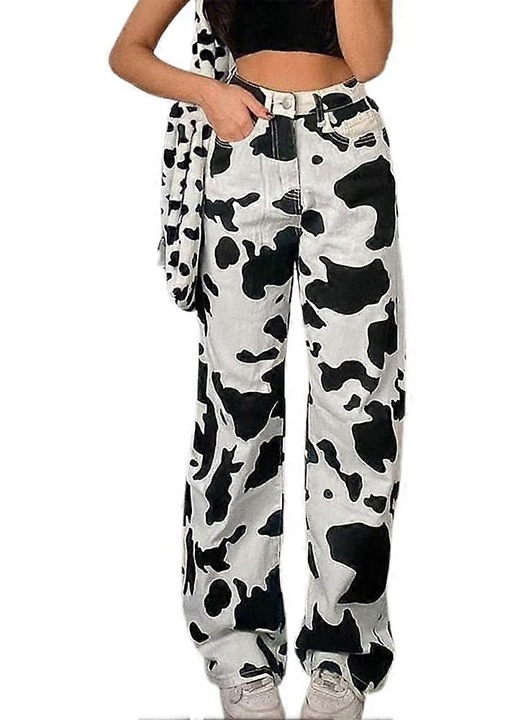 Női farmer, tehénmintás, magas derék, laza, pamut, viszkóz, poliészter, M INTL