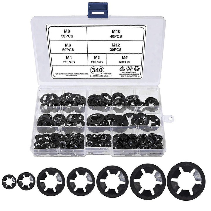 Set 340 Piulite Star M3 M4 M5 M6 M8 M10 M12, Otel Mangan 65, Cutie Organizare, Negru