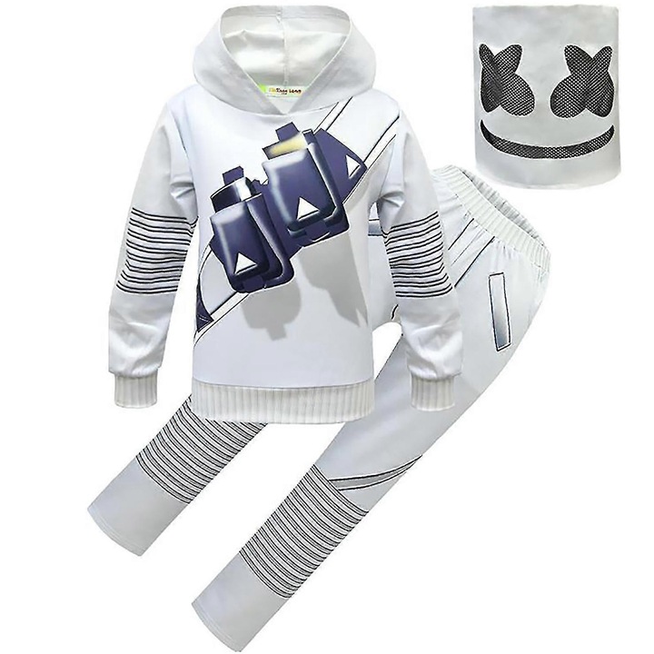 Costum DJ Marshmallow pentru copii, set cu hanorac, pantaloni si masca, 5-13 ani, alb
