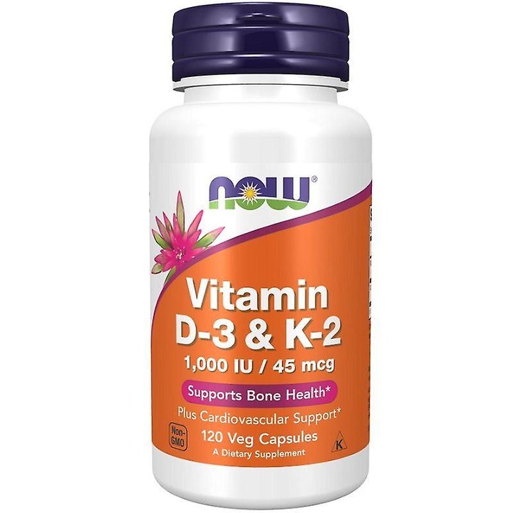 Capsule Vitamina D-3 si K-2, 1,000 IU / 45 mcg, suport cardiovascular, 120 capsule NOW