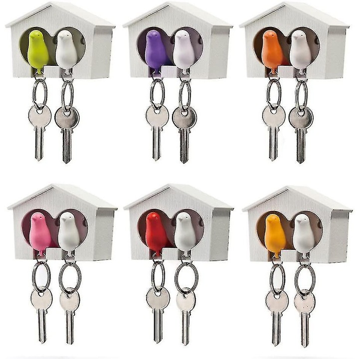 Cutie pentru chei, suport pentru chei cu doua vrabii, roz, 75x68x40mm