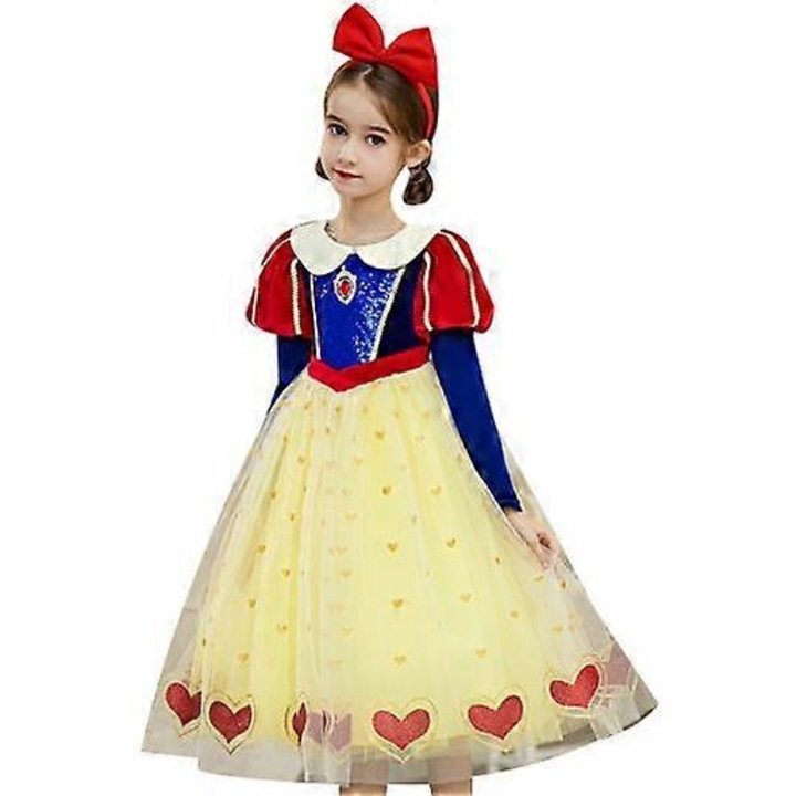 Costum fetite, rosu si albastru, cu fusta din tul galben, set cu bentita, 140 cm