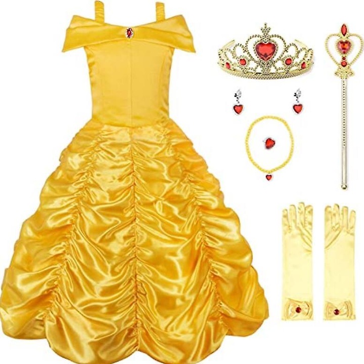 Costum stratificat off shoulder pentru fete, galben, 150cm, cu detalii stralucitoare