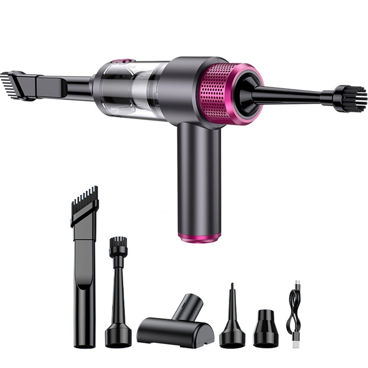 Aspirator Auto 4 az 1-ben Vezeték Nélküli, DEYKAY, Kézi, 6500 Pa, Szívás, Fújás, Vákuumozás, Felfújás, Újrafelhasználható HEPA Szűrők Mellékelve, Autó és Otthon, Hordozható, Rózsaarany