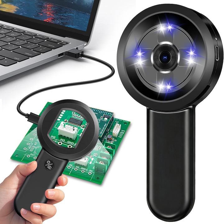 Lupa cu LED, Ultrixe, Iluminare 2 moduri, 100x, USB Type-C, Compatibil PC, Pentru harti, electronice, miniaturi, bijuterii, Acril, Negru