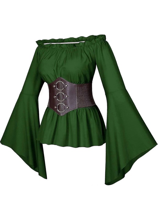 Set bluza boho cu maneci lungi, curea elastica din piele PU, poliester, Verde