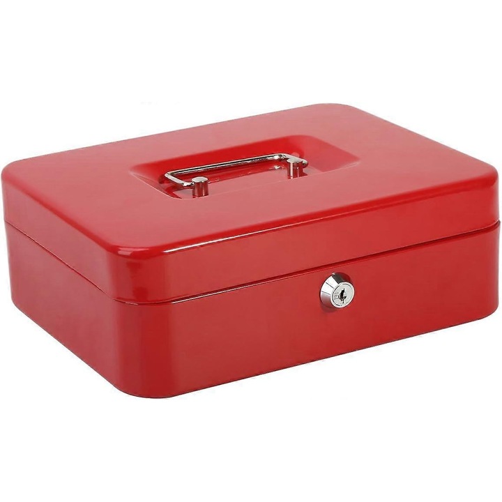 Seif portabil metalic, 25x20x9cm, rosu, cu inchidere pe baza de cheie