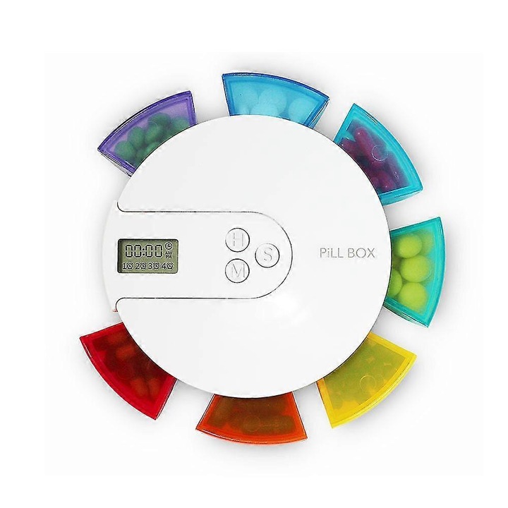 Dispenser saptamanal de pastile cu alarma, organizator de medicamente 7 zile, cutie de pastile portabila, 11x11x2cm, multicolor