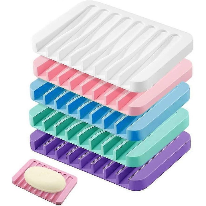 Set 5 suporturi pentru sapun din silicon, roz, mov, albastru, alb, verde, 113x79x10mm