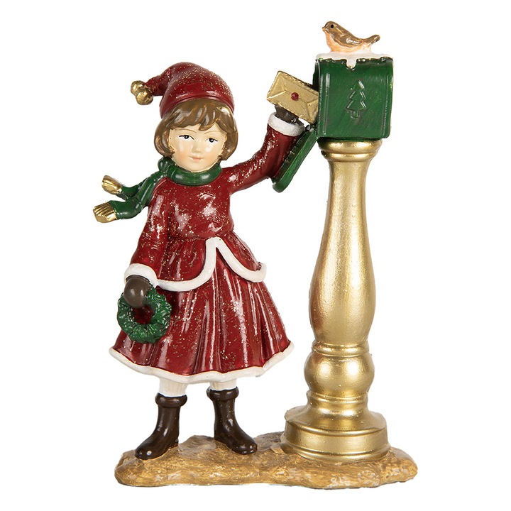 Karácsonyi kislány figura, többszínű polirezin, 8x4x12 cm