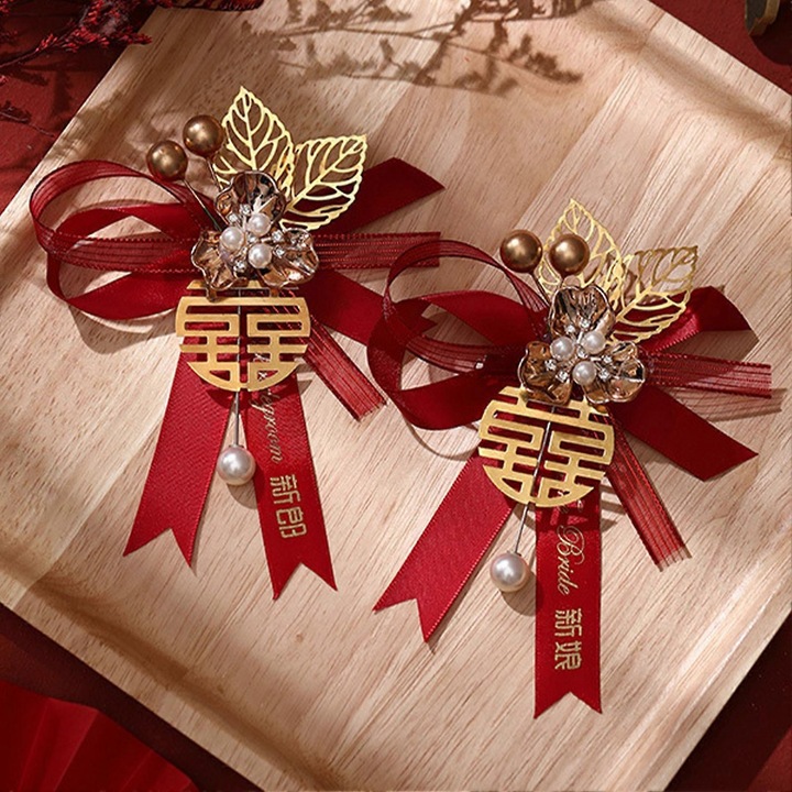 Corsaj de nunta chinezesc, set 2 bucati, material textil si aliaj, 13.5x10cm